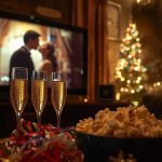Festive New Year's Eve setting featuring four champagne flutes, a bowl of popcorn, and colorful streamers in the foreground, with a blurred background of a lighted Christmas tree and a large television screen playing classic romantic movie