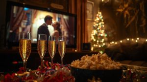 Festive New Year's Eve setting featuring four champagne flutes, a bowl of popcorn, and colorful streamers in the foreground, with a blurred background of a lighted Christmas tree and a large television screen playing classic romantic movie