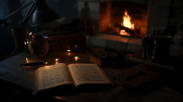 Vintage sheet music open on a rustic wooden desk illuminated by warm string lights and a glowing fireplace in the background, setting a cozy nostalgic mood.