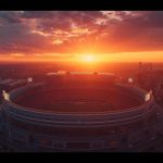 Wide aerial view of a massive stadium at sunset, representing the grand stage for the upcoming 2026 World Cup in North America.