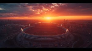 Wide aerial view of a massive stadium at sunset, representing the grand stage for the upcoming 2026 World Cup in North America.