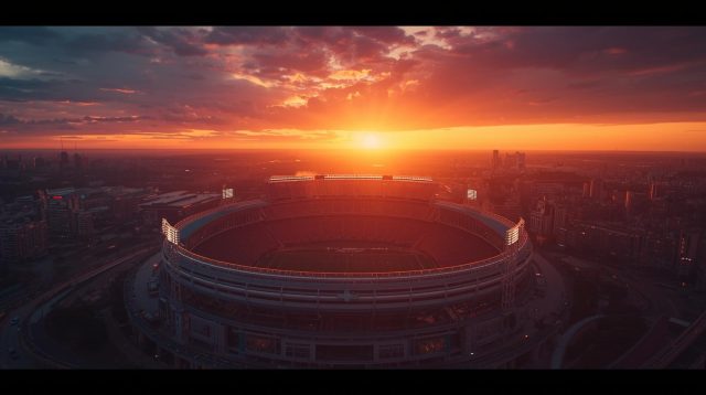 Wide aerial view of a massive stadium at sunset, representing the grand stage for the upcoming 2026 World Cup in North America.