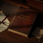 A moody, dark academia style still life featuring a thick leather-bound book titled 'HISTORIA VALENTINUS' on a dark wooden desk. The book is surrounded by historical artifacts, including a parchment letter tied with a red ribbon, a glass apothecary jar, a handwritten note reading 'Love cures Chocolate', and an antique metal key.