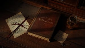 A moody, dark academia style still life featuring a thick leather-bound book titled 'HISTORIA VALENTINUS' on a dark wooden desk. The book is surrounded by historical artifacts, including a parchment letter tied with a red ribbon, a glass apothecary jar, a handwritten note reading 'Love cures Chocolate', and an antique metal key.