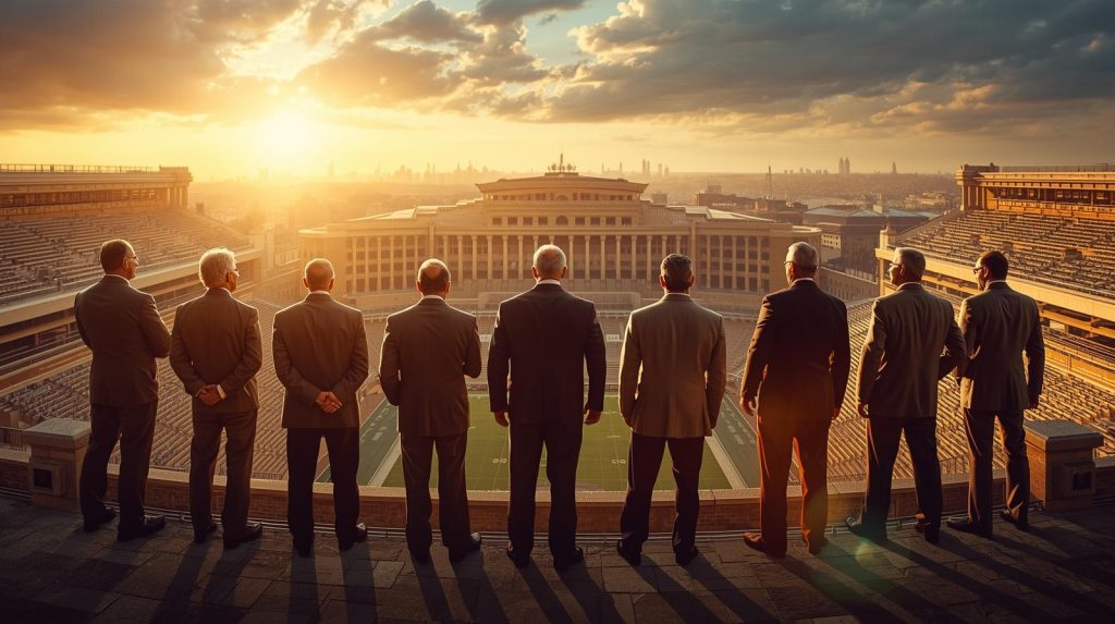 A cinematic illustration featuring a group of legendary sports coaches in suits standing together on a balcony overlooking a massive stadium at sunset.