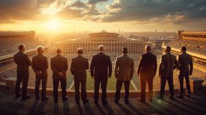 A cinematic illustration featuring a group of legendary sports coaches in suits standing together on a balcony overlooking a massive stadium at sunset.