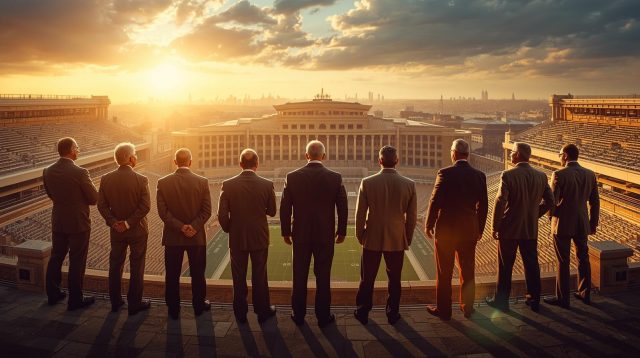 A cinematic illustration featuring a group of legendary sports coaches in suits standing together on a balcony overlooking a massive stadium at sunset.
