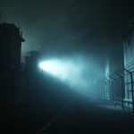 A wide, cinematic banner shot of a gritty prison break at night. A powerful searchlight beam cuts through fog, illuminating high concrete walls and barbed wire as silhouetted figures escape down a rope. Dramatic, moody lighting. Film grain.