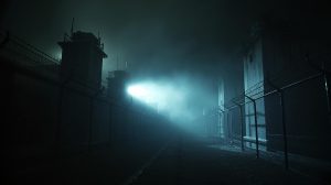 A wide, cinematic banner shot of a gritty prison break at night. A powerful searchlight beam cuts through fog, illuminating high concrete walls and barbed wire as silhouetted figures escape down a rope. Dramatic, moody lighting. Film grain.