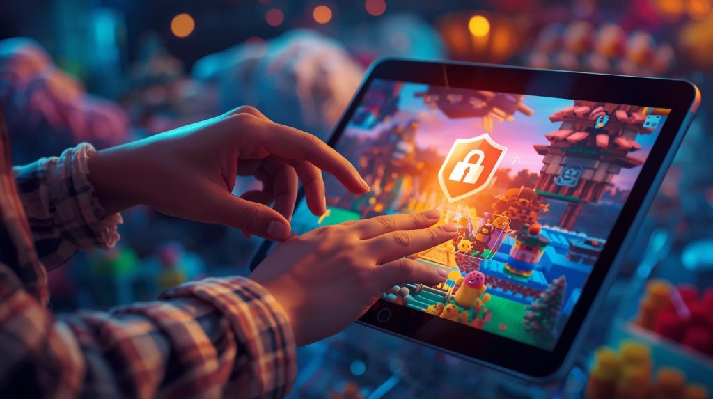 An adult hand guiding a child's hand on a tablet screen playing Roblox, featuring a glowing safety shield icon to symbolize parental controls and secure gaming.