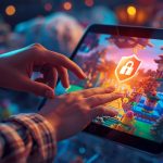 An adult hand guiding a child's hand on a tablet screen playing Roblox, featuring a glowing safety shield icon to symbolize parental controls and secure gaming.