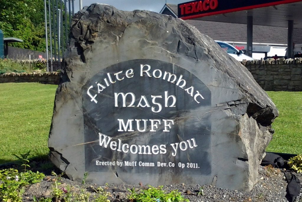 Welcome to Muff, Ireland sign