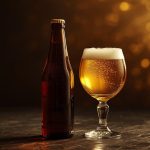 A luxury amber beer bottle and a filled crystal glass with froth on a dark rustic table, golden bokeh lighting in the background.