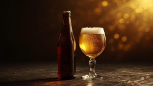 A luxury amber beer bottle and a filled crystal glass with froth on a dark rustic table, golden bokeh lighting in the background.