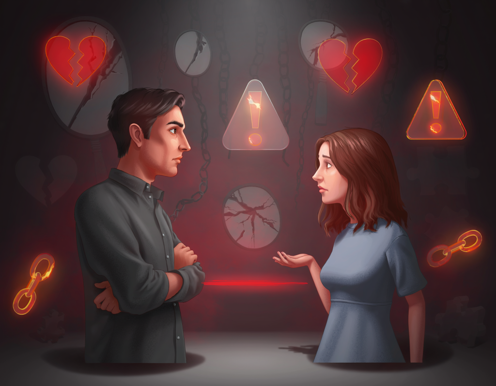 A digital illustration depicting relationship conflict and red flags. On the left, a man stands with his arms crossed and a stoic, closed-off expression, facing a woman on the right who looks concerned and is gesturing towards him as if trying to communicate. They are surrounded by glowing red symbols floating in a dark, moody background, including broken hearts, warning triangles with exclamation marks, and chain links, symbolizing toxic relationship dynamics.