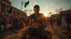 An actor dressed in ancient Roman armor using a smartphone on a movie set.