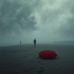 Cinematic wide shot of a moody, stormy beach with a bright red umbrella lying on the sand in the foreground. Two silhouetted figures stand far apart in the misty distance, symbolizing separation and emotional coldness.