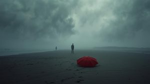 Cinematic wide shot of a moody, stormy beach with a bright red umbrella lying on the sand in the foreground. Two silhouetted figures stand far apart in the misty distance, symbolizing separation and emotional coldness.