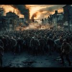 Cinematic wide shot of a massive zombie horde swarming a ruined city street at dusk with smoke and apocalyptic debris.
