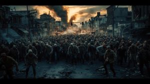 Cinematic wide shot of a massive zombie horde swarming a ruined city street at dusk with smoke and apocalyptic debris.