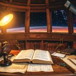 photograph of a cluttered, rustic wooden desk inside an old observatory dome