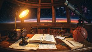 photograph of a cluttered, rustic wooden desk inside an old observatory dome