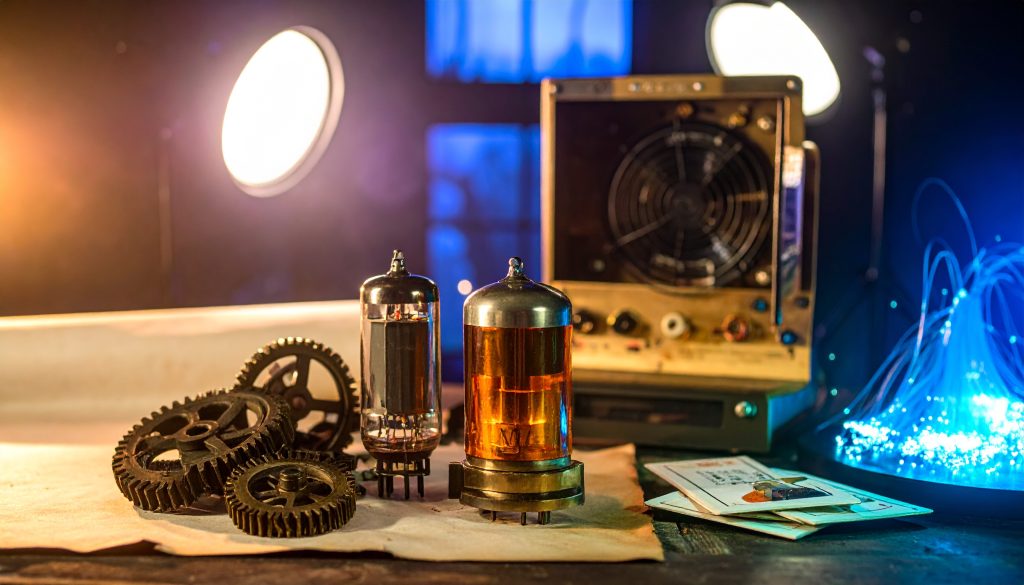 A visual evolution of the first computers in history, showing ancient bronze gears transitioning into glowing 1940s vacuum tubes and modern fiber optics.