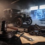 A wide-angle, cinematic photograph from a low perspective, capturing a scene inside a dark, dramatic, early 20th-century automotive machine shop.