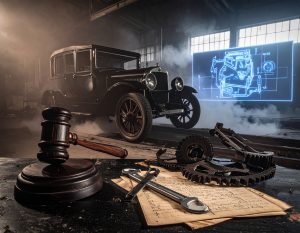 A wide-angle, cinematic photograph from a low perspective, capturing a scene inside a dark, dramatic, early 20th-century automotive machine shop.