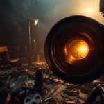 A glowing cinema camera lens on a chaotic, messy movie set, representing behind-the-scenes movie disasters turning into cinematic magic