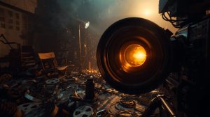 A glowing cinema camera lens on a chaotic, messy movie set, representing behind-the-scenes movie disasters turning into cinematic magic