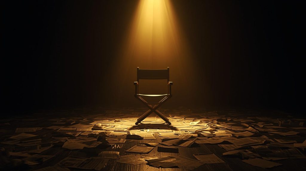 An empty wooden director's chair sits in a dark room, brightly illuminated from above by a single golden spotlight. The floor surrounding the chair is covered in scattered, crumpled newspapers.