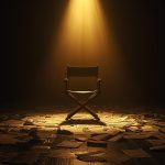 An empty wooden director's chair sits in a dark room, brightly illuminated from above by a single golden spotlight. The floor surrounding the chair is covered in scattered, crumpled newspapers.