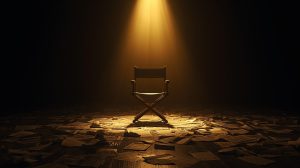 An empty wooden director's chair sits in a dark room, brightly illuminated from above by a single golden spotlight. The floor surrounding the chair is covered in scattered, crumpled newspapers.