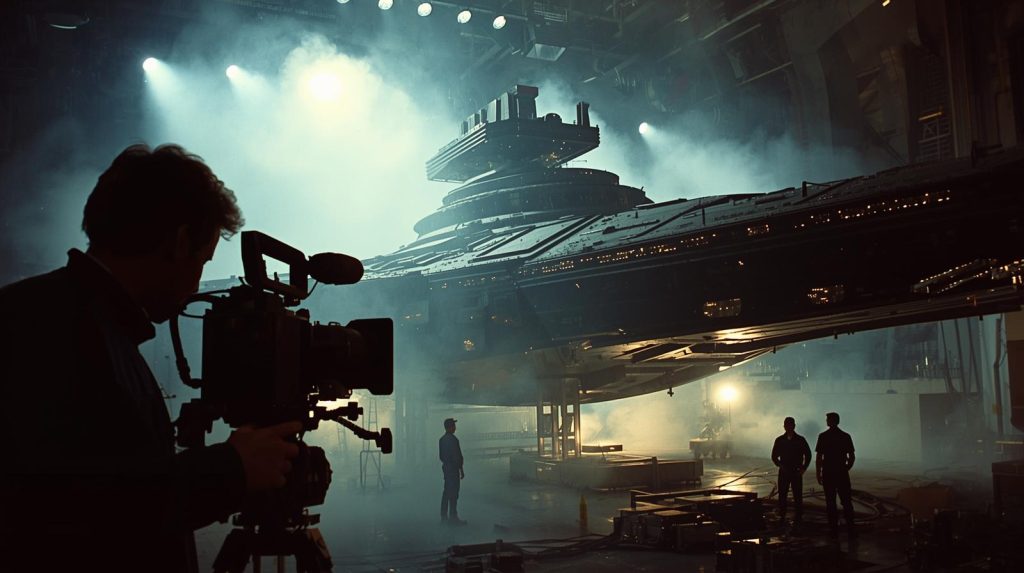 A silhouetted camera operator filming a massive, highly detailed practical spaceship model on a dramatically lit, smokey soundstage.
