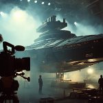 A silhouetted camera operator filming a massive, highly detailed practical spaceship model on a dramatically lit, smokey soundstage.