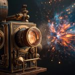 An ornate, antique movie projector projecting a vibrant, explosive burst of modern cinematic light, representing the evolution from the silent film era to modern blockbusters.