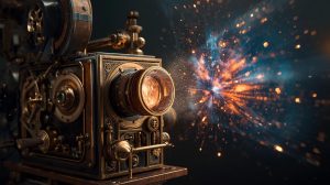 An ornate, antique movie projector projecting a vibrant, explosive burst of modern cinematic light, representing the evolution from the silent film era to modern blockbusters.