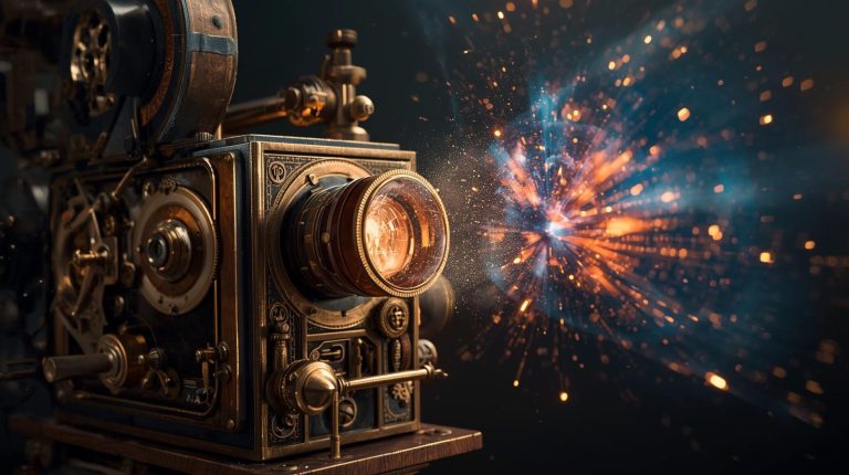 An ornate, antique movie projector projecting a vibrant, explosive burst of modern cinematic light, representing the evolution from the silent film era to modern blockbusters.