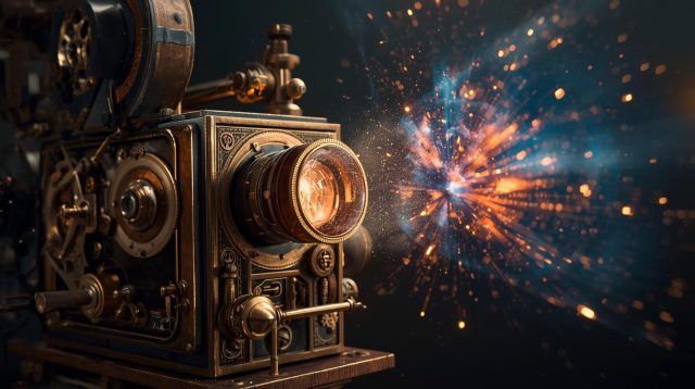 An ornate, antique movie projector projecting a vibrant, explosive burst of modern cinematic light, representing the evolution from the silent film era to modern blockbusters.