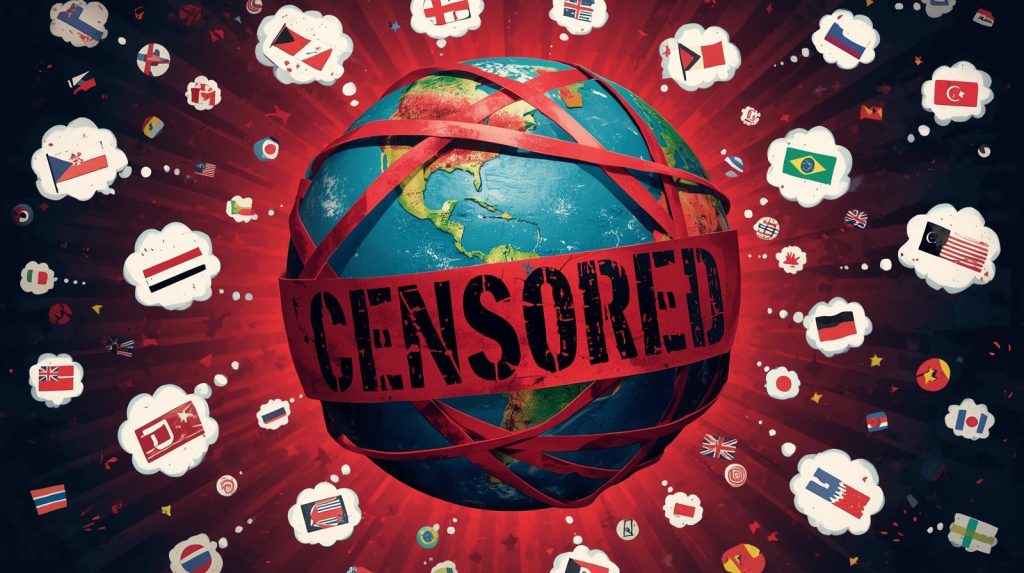 A stylized illustration of a globe bound by red tape with a large, distressed 'CENSORED' banner stretching across the center. The globe is set against a dark red starburst background and is surrounded by floating white thought bubbles, each containing different international flags.
