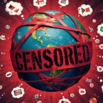 A stylized illustration of a globe bound by red tape with a large, distressed 'CENSORED' banner stretching across the center. The globe is set against a dark red starburst background and is surrounded by floating white thought bubbles, each containing different international flags.