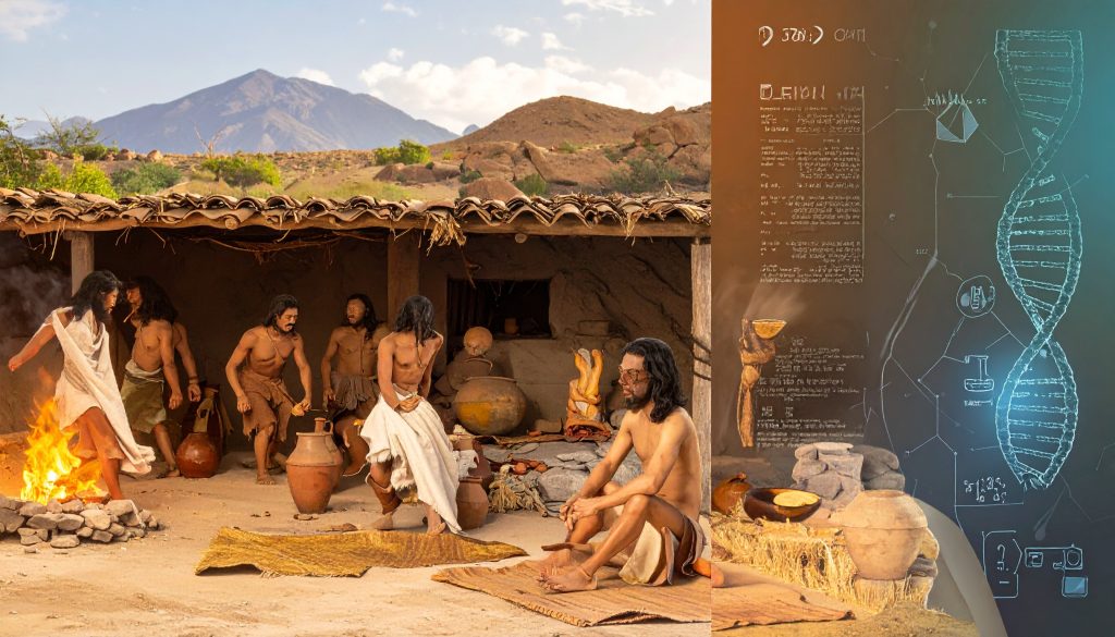 editorial illustration showing a contrast between ancient lifestyl