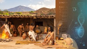 editorial illustration showing a contrast between ancient lifestyl