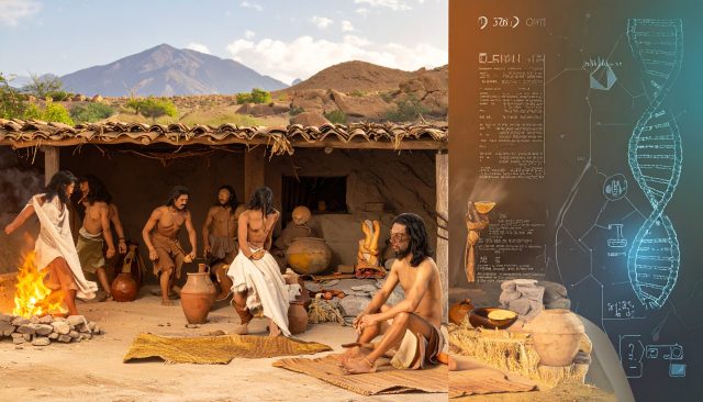 editorial illustration showing a contrast between ancient lifestyl