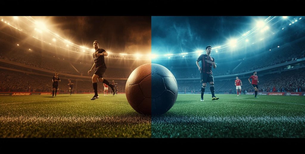 A cinematic split-screen graphic illustrating the evolution of football. The left side features a vintage, golden-toned stadium with a player from the past, while the right side transitions into a vibrant, blue-lit modern stadium with contemporary players. A large football sits in the center foreground, bridging the historical and modern eras.