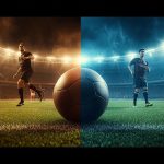 A cinematic split-screen graphic illustrating the evolution of football. The left side features a vintage, golden-toned stadium with a player from the past, while the right side transitions into a vibrant, blue-lit modern stadium with contemporary players. A large football sits in the center foreground, bridging the historical and modern eras.
