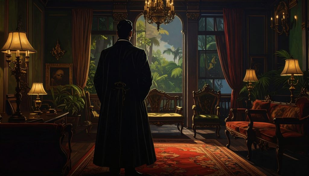 A dramatic 19th-century style oil painting of Emperor Maximilian I living in secret exile as Justo Armas in a dimly lit El Salvador parlor.