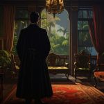 A dramatic 19th-century style oil painting of Emperor Maximilian I living in secret exile as Justo Armas in a dimly lit El Salvador parlor.