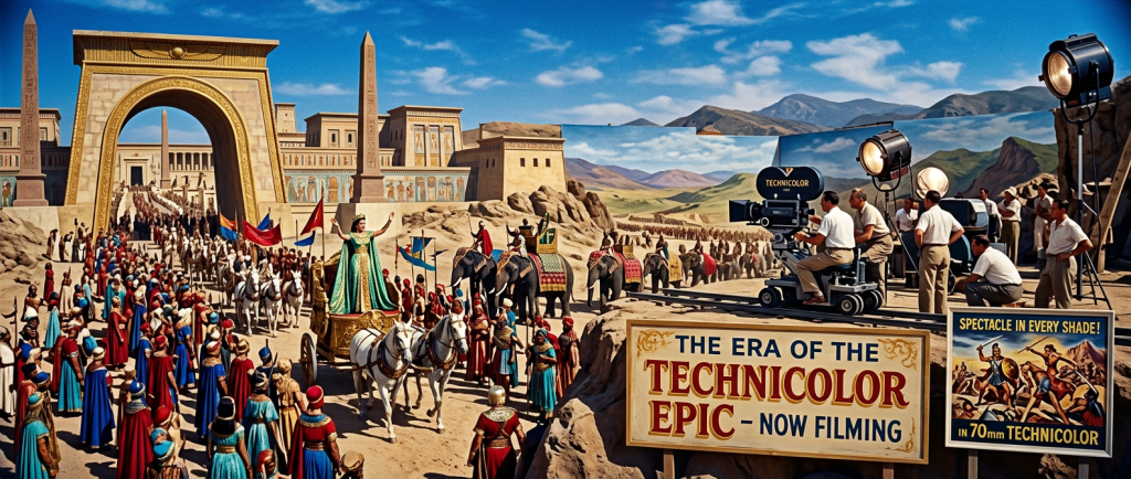 A vibrant illustration of a mid-20th-century movie set filming a grand historical epic. On the left, a massive procession featuring a figure in a chariot pulled by white horses, elephants, and hundreds of extras in colorful ancient Egyptian-style costumes marches toward a towering stone archway. On the right, a film crew in casual mid-century clothing operates a large vintage camera labeled "Technicolor" on a dolly track, illuminated by massive studio lights. In the foreground, a large wooden sign reads "THE ERA OF THE TECHNICOLOR EPIC - NOW FILMING," accompanied by a smaller poster advertising "SPECTACLE IN EVERY SHADE! IN 70mm TECHNICOLOR." The background features a painted backdrop of mountains and a blue sky.